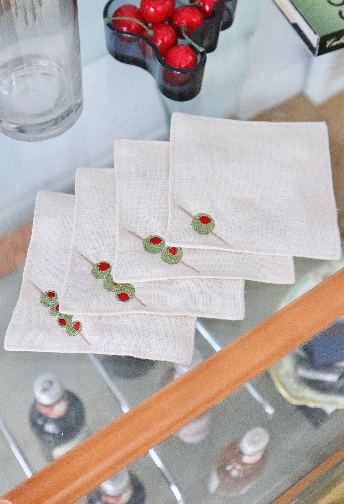 Set of 4 Olive Embroidered Coasters